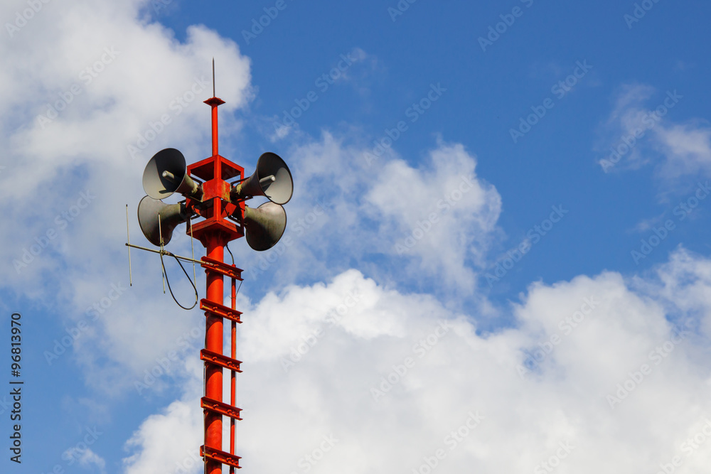 Public Address system speakers in blue sky Public Address system speakers in blue sky