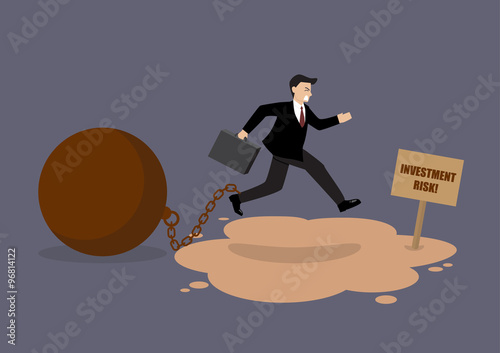 Businessman with the weight jumping over the quicksand