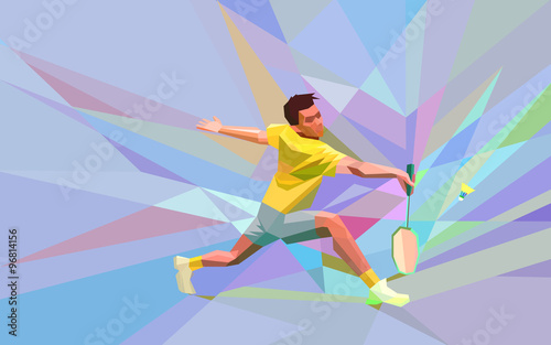 Polygonal professional badminton player on colorful low poly background doing smash shot with space for flyer, poster, web, leaflet, magazine. Vector illustration