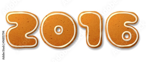 New Year, vector inscription 2016 in shape of Christmas gingerbreads, decorated white icing,  isolated on white