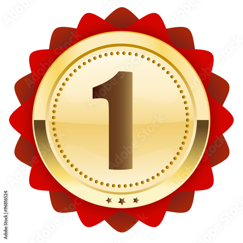 First place seal or icon. Glossy golden seal or button with red color.