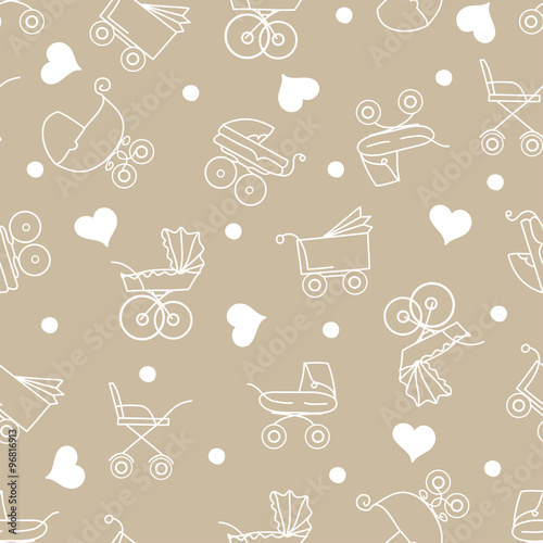 Hand-drawn colored outlines baby carriages, seamless pattern