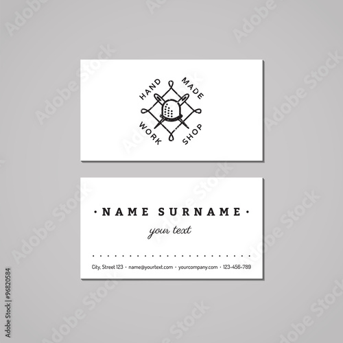 Handmade workshop business card design concept. Handmade workshop logo with thimble with needles and thread. Vintage, hipster and retro style. Black and white.
