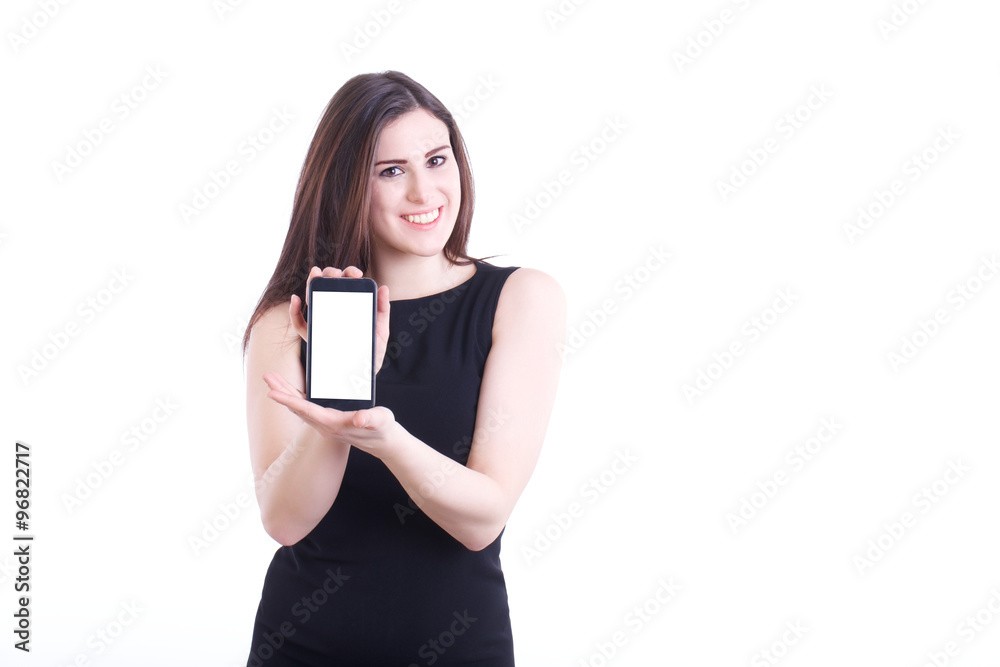 Fototapeta premium Casual Young Woman with Smartphone Isolated on White Background