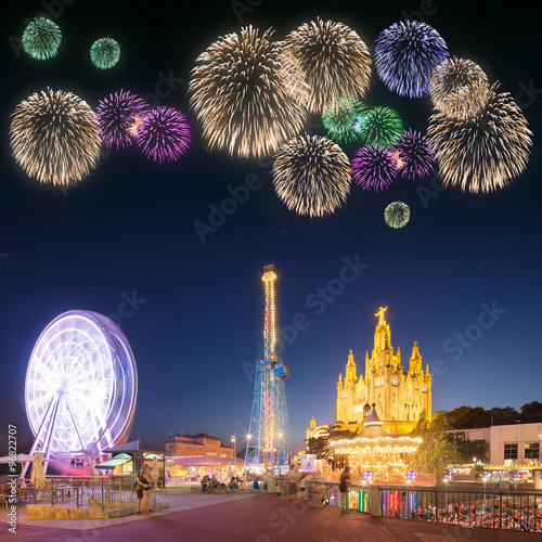 Beautiful fireworks under Amusement Park and Temple at Tibidabo