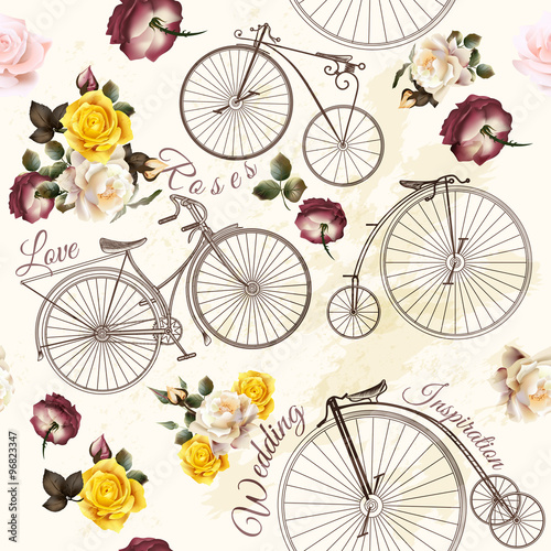 Cute vector invitation with fake bicycle and flowers