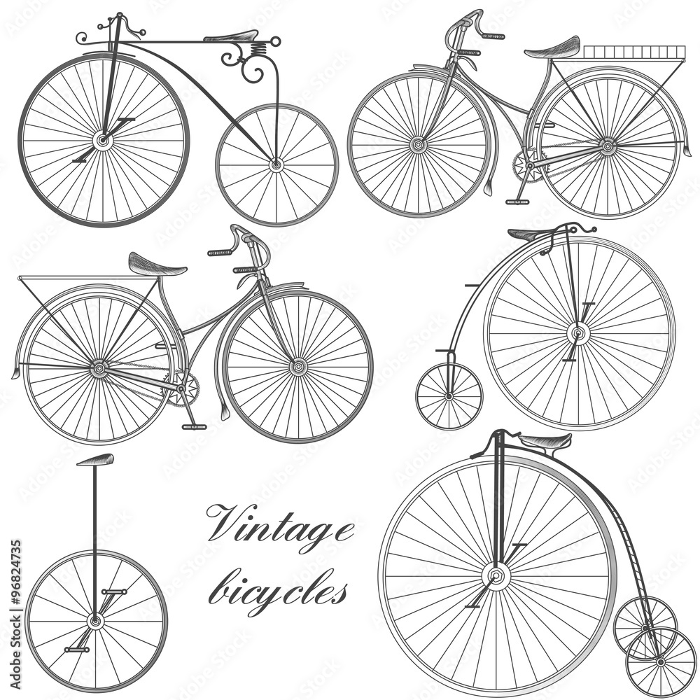 Set of vector engraved bicycles for design Set of vector engraved bicycles for design