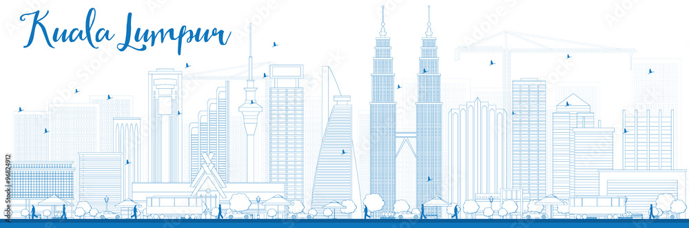 Fototapeta premium Zarysuj panoramę Kuala Lumpur z niebieskimi budynkami. Niektóre elementy mają inny tryb przezroczystości niż normalny