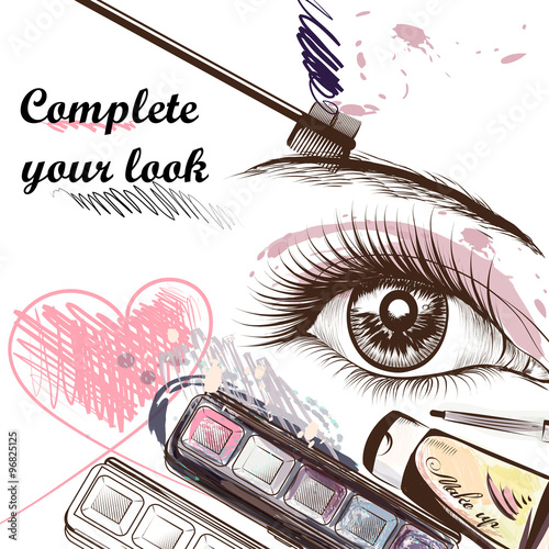 Fashion  background with make up accessories mascara and female