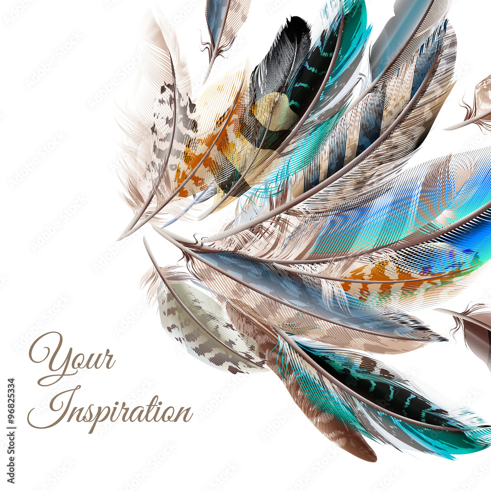 Fashion vector background with blue white and brown feathers i Stock