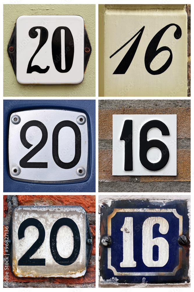 Collage of the numbers 2016 composed from housenumber signs Collage of the numbers 2016 composed from housenumber signs