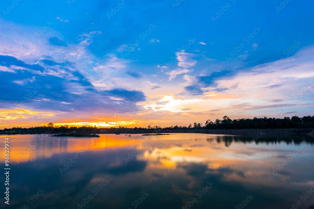 Breathtaking sunset over the lake at Udonthani province ,Thailand