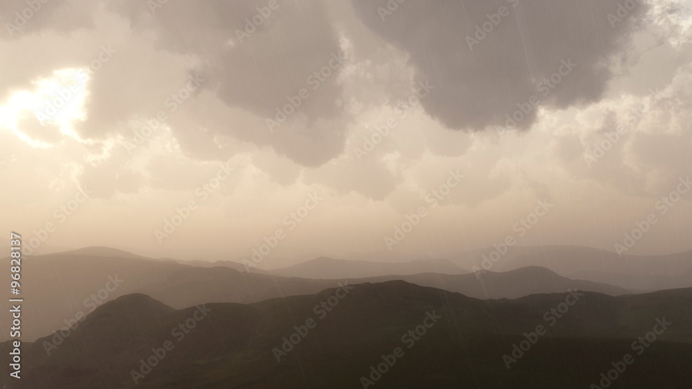 Obraz premium Mountain landscape in rain with stormy sky.