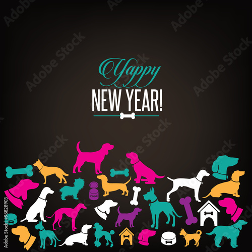 Yappy New Year dog silhouettes greeting card design. EPS 10 vector, grouped for easy editing. No open shapes or paths.