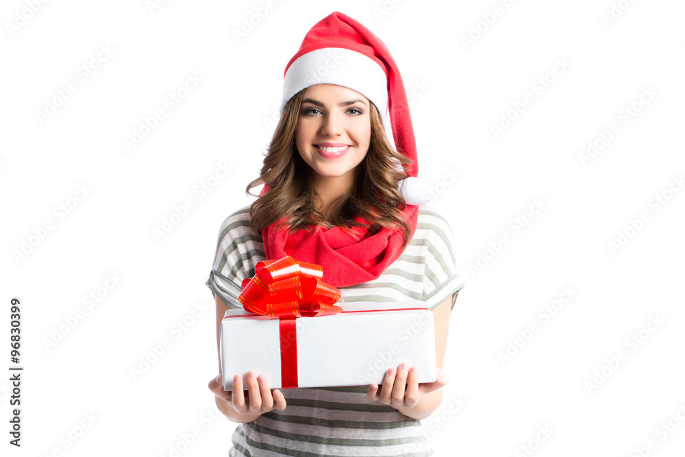 Smiling woman in santa helper hat with gift box. Smiling woman in santa helper hat with gift box.