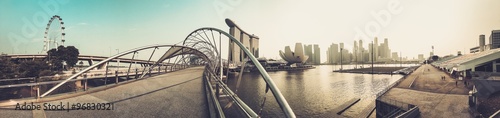 Panorama of The Helix bridge with Marina Bay Sands in background, Singapore