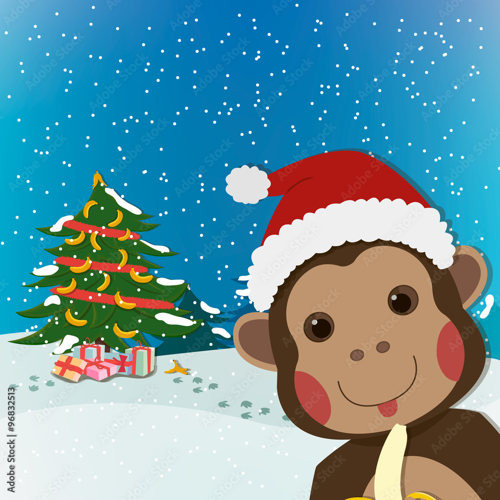 funny monkey, new year and christmas greeting card, background, cartoon character illustration funny monkey, new year and christmas greeting card, background, cartoon character illustration