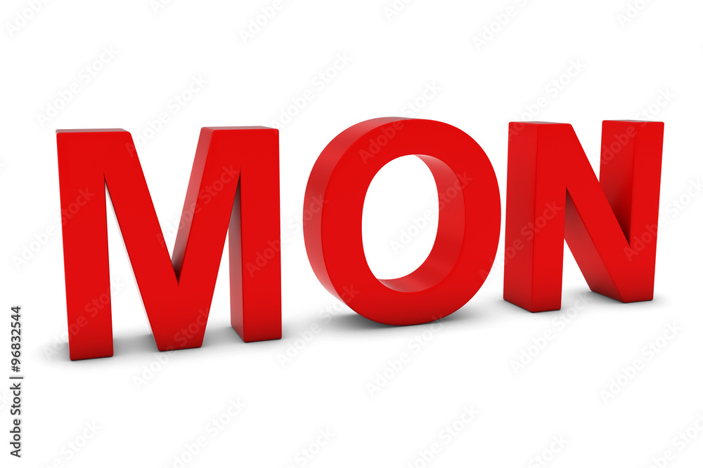 MON Red 3D Text - Monday Abbreviation Isolated on White MON Red 3D Text - Monday Abbreviation Isolated on White