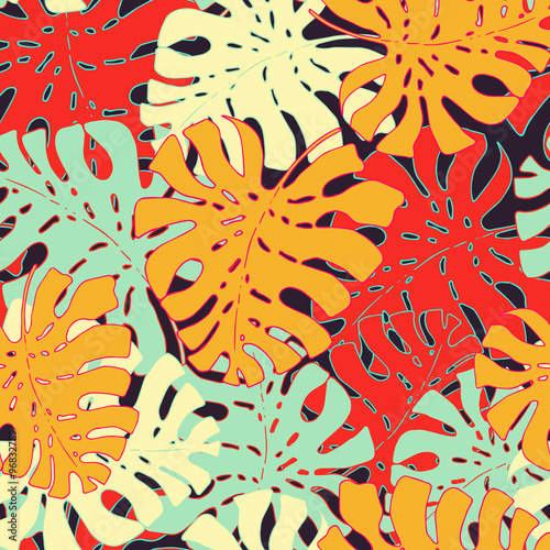 Vector tropical plant leaves seamless pattern, exotic flora design