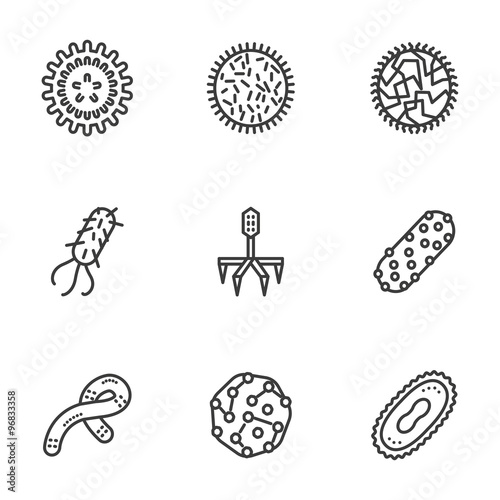 Bacteria and virus black line vector icons set