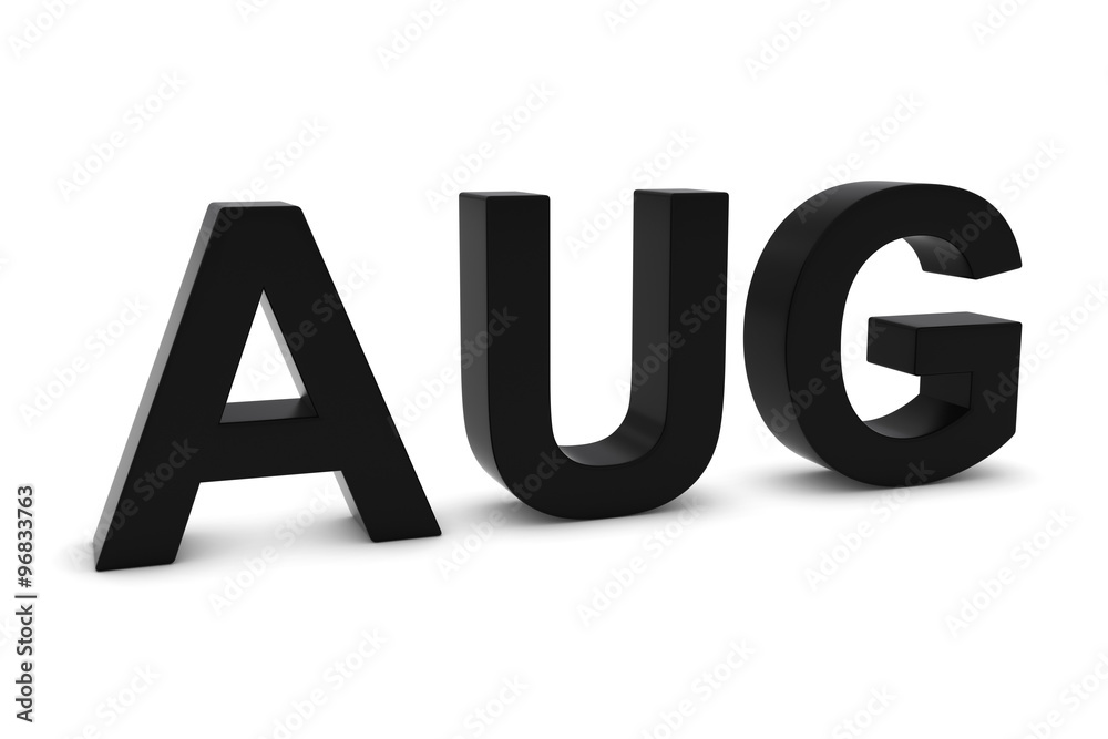 AUG Black 3D Text - August Month Abbreviation on White AUG Black 3D Text - August Month Abbreviation on White
