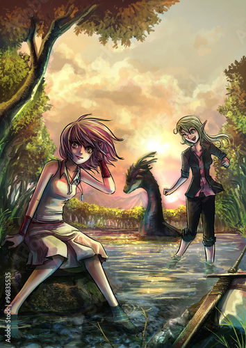 Fantasy cartoon girls character and dragon pet resting on riverside bank in the peaceful wilderness forest atmosphere landscape in evening sunset 