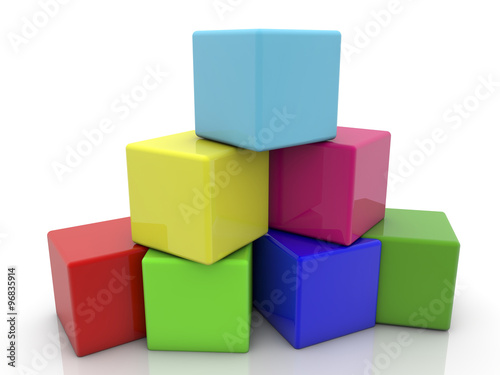 Pyramid of cubes in different colors on white