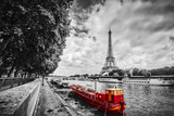 Eiffel Tower over Seine river in Paris, France. Vintage