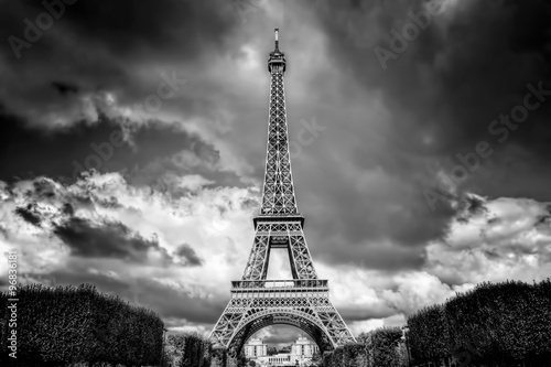 Eiffel Tower seen from Champ de Mars park in Paris, France. Black and white