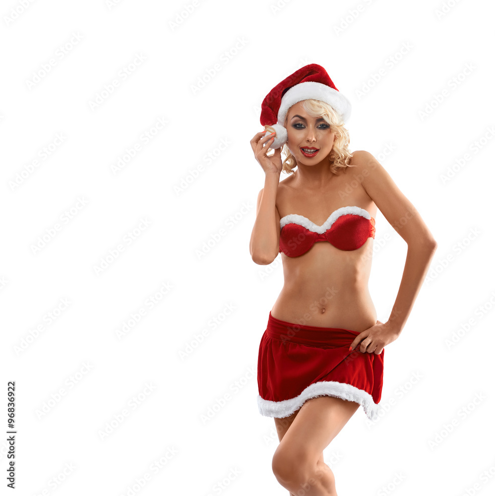 Fototapeta premium Young, beautiful, attractive, sexy girl, blonde in red suit Snow