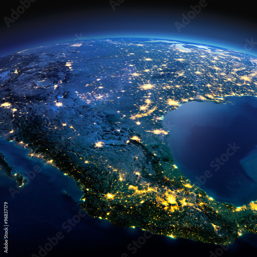 Fotografie Detailed Earth. Mexico on a moonlit night