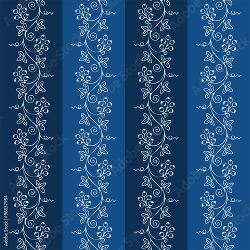 Wallpaper tile background striped light blue dark blue flowers with vines berries leaves - Tapete Kachel Hintergrund gestreift hellblau dunkelblau mit Ranken Blüten Beeren Blättern