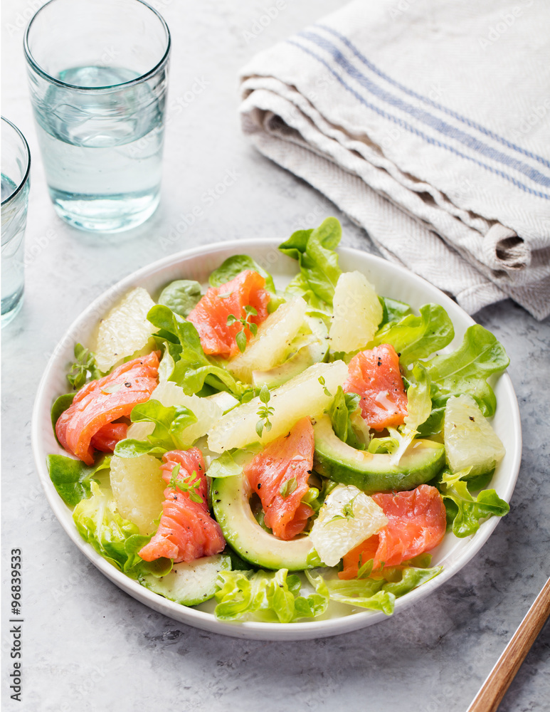 Smoked salmon salad with mixed greens, avocado,grapefruit. Smoked salmon salad with mixed greens, avocado,grapefruit.