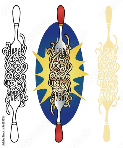 Dramatic noodles with forks. Full color, black and white outline, and reverse for printing on dark backgrounds.