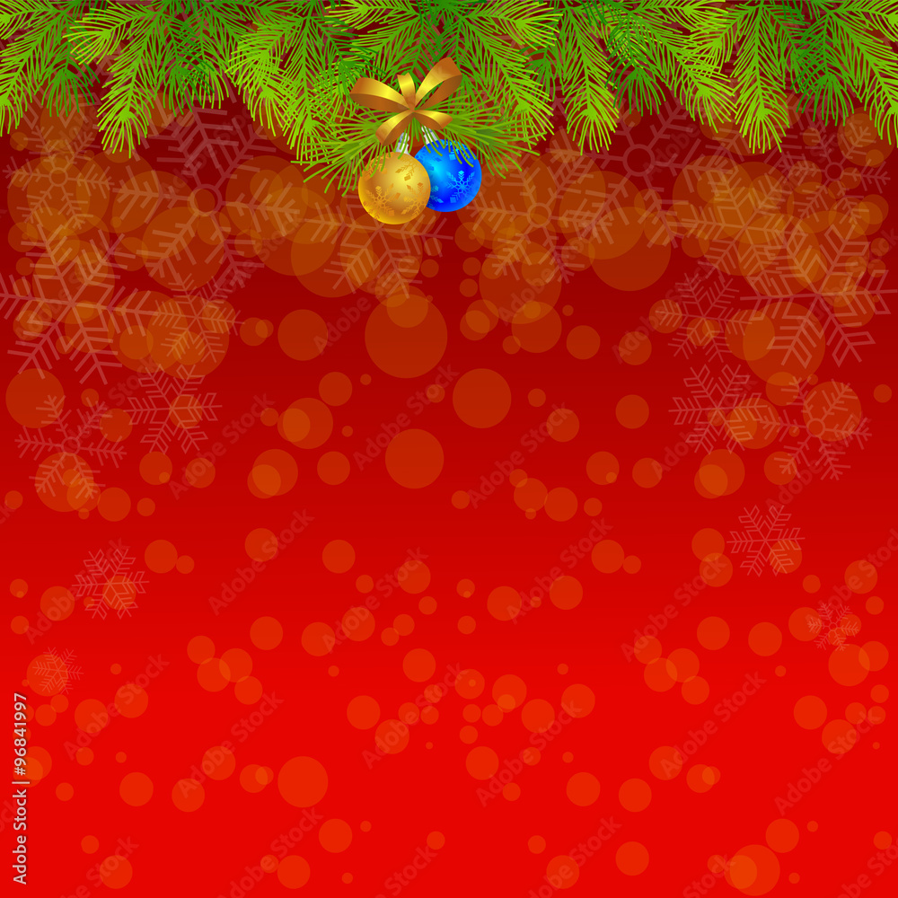 Christmas Background Vector Illustration. Red Christmas Background filled with Snow Symbols and Christmas Ornaments.