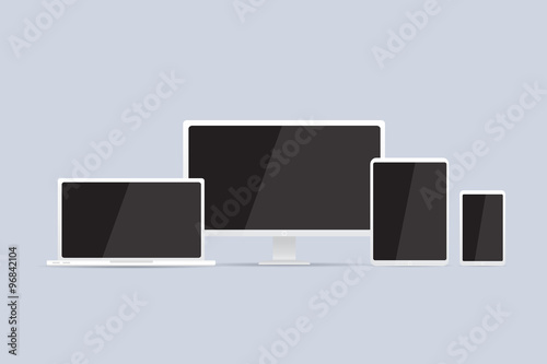 Computer mockup set. Lcd monitor, Laptop, tablet, mobile phone