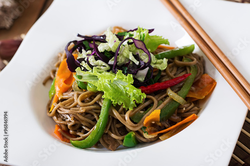 Soba noodles with beef, carrots, onions and sweet peppers