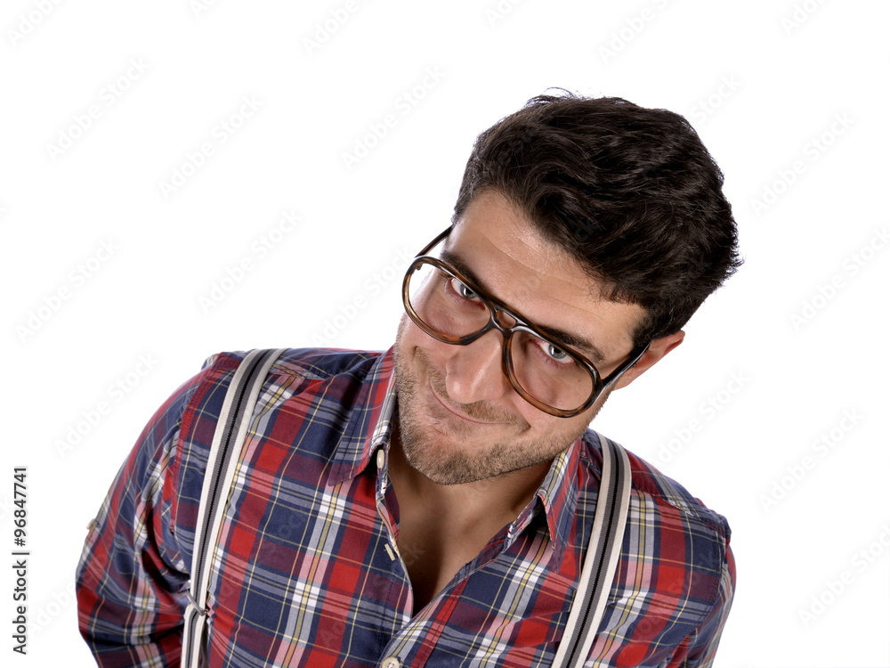 stupid and funny face expression of nerd with glasses stupid and funny face expression of nerd with glasses