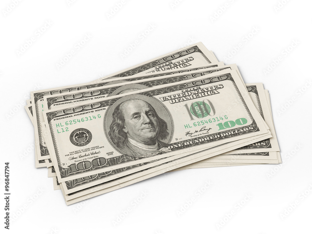 several hundred dollar bills on a white background several hundred dollar bills on a white background