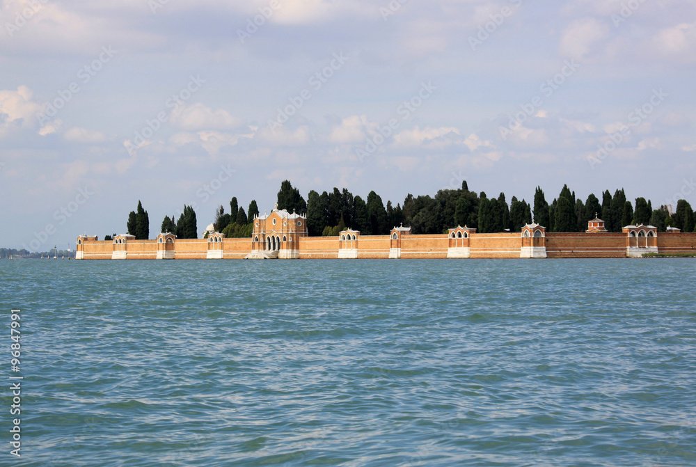 VENICE, ITALY - SEPTEMBER 02, 2012: View from the Venice lagoon on the wall of cemetery island of San Michele, Venice, Italy