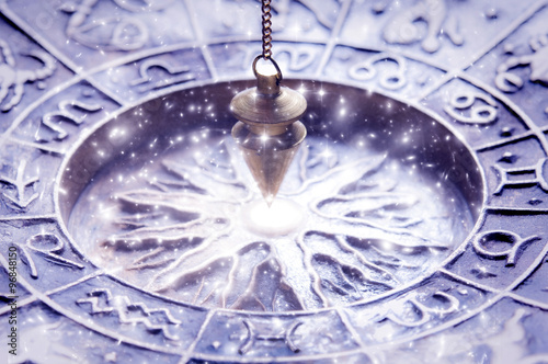 zodiac symbols with magic pendulum, concept for astrology and fortune telling