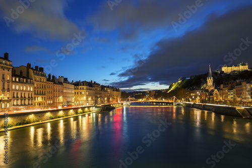 View of Saone river in Lyon city at evening