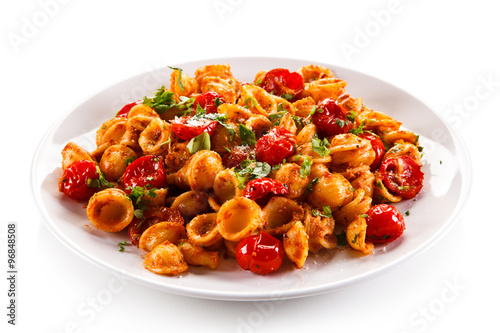 Orecchiette pasta, tomato sauce and vegetables