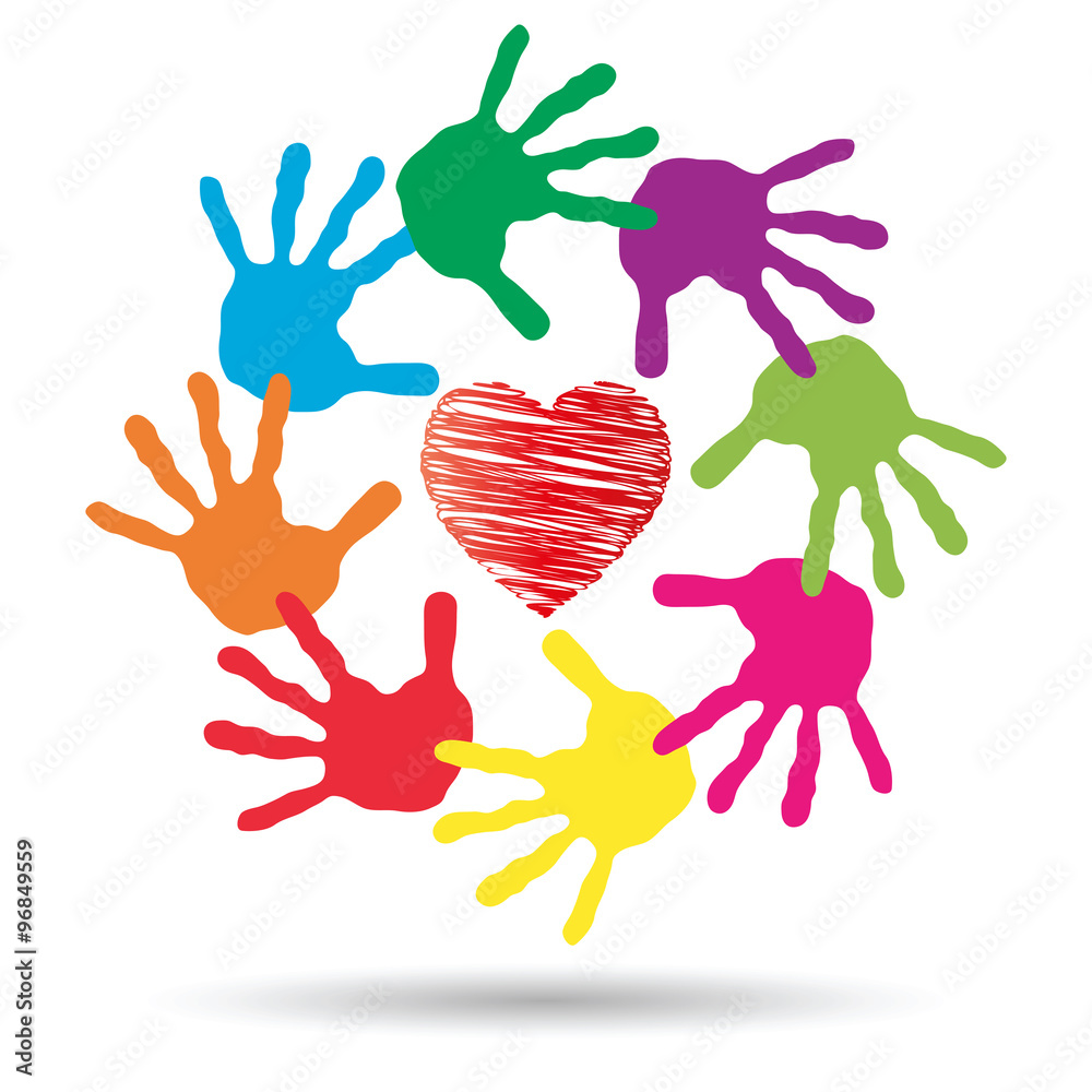 Vector concept circle of hands, red heart love symbol Vector concept circle of hands, red heart love symbol