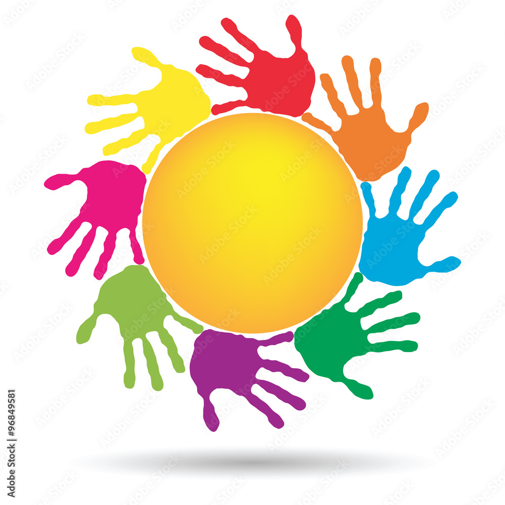 Vector concept circle of hands, yellow sun symbol Vector concept circle of hands, yellow sun symbol