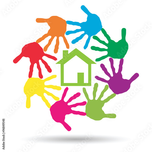 Vector concept circle of hands, green house symbol