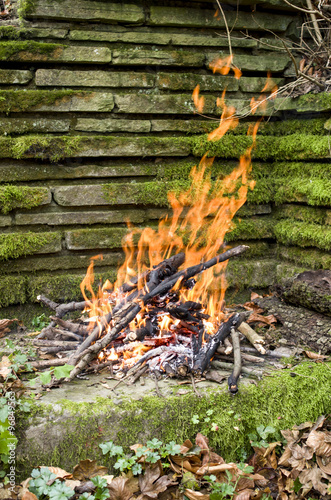 Bonfire closeup in wimdy day photo