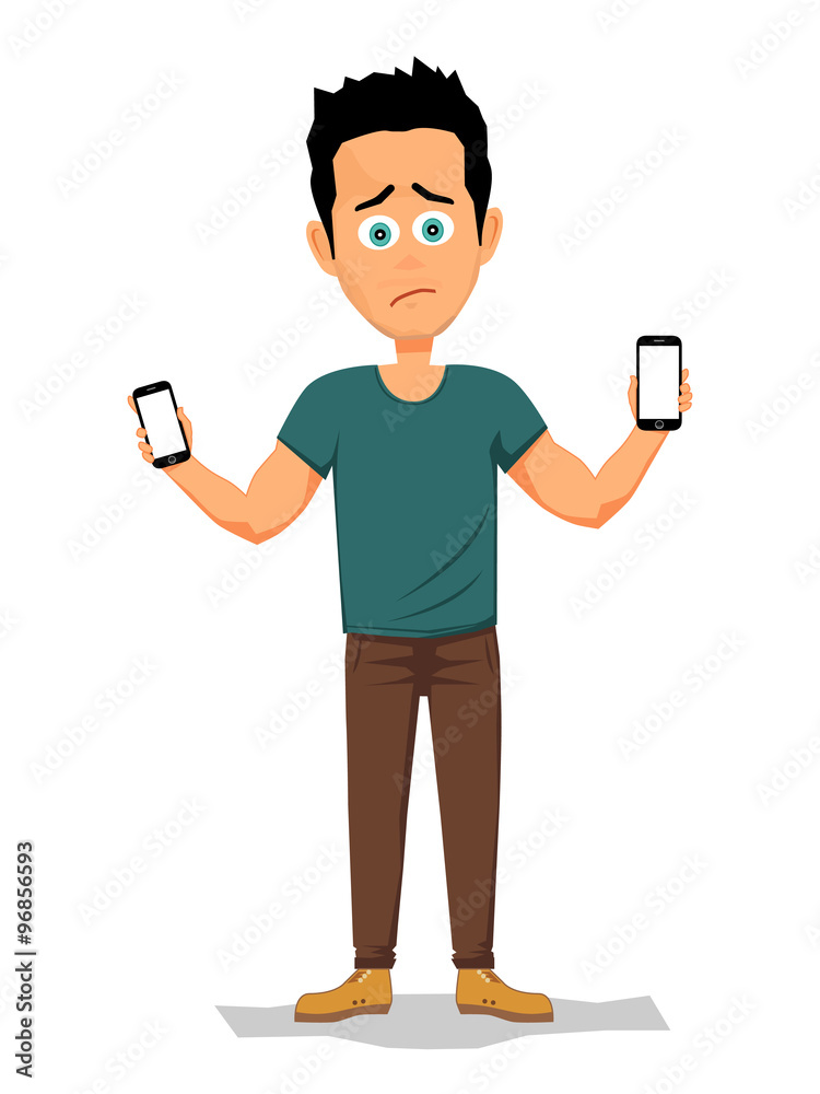 Unhappy young man holding two smartphones. Hard decision between two phones. Vector illustration. Unhappy young man holding two smartphones. Hard decision between two phones. Vector illustration.