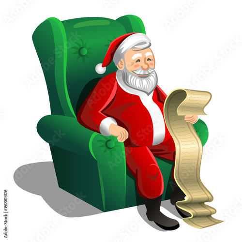 Santa Claus sitting in armchair and reading Christmas letter 
