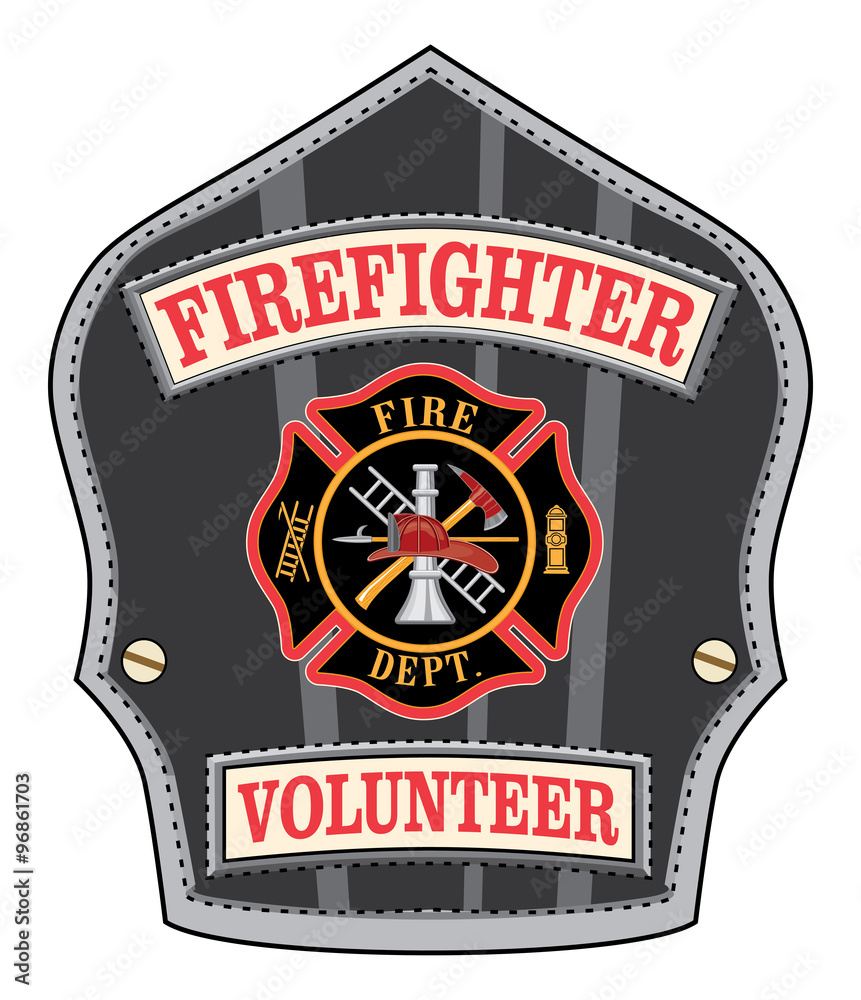 Naklejka premium Firefighter Volunteer Badge is an illustration of a firefighter’s or fireman’s shield or badge with a Maltese cross and firefighter tools logo.